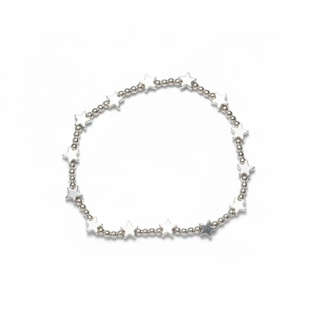 Silver plated elasticated star bracelet from Suzie Blue Canada, showcasing a stylish, adjustable accessory with star-shaped design.