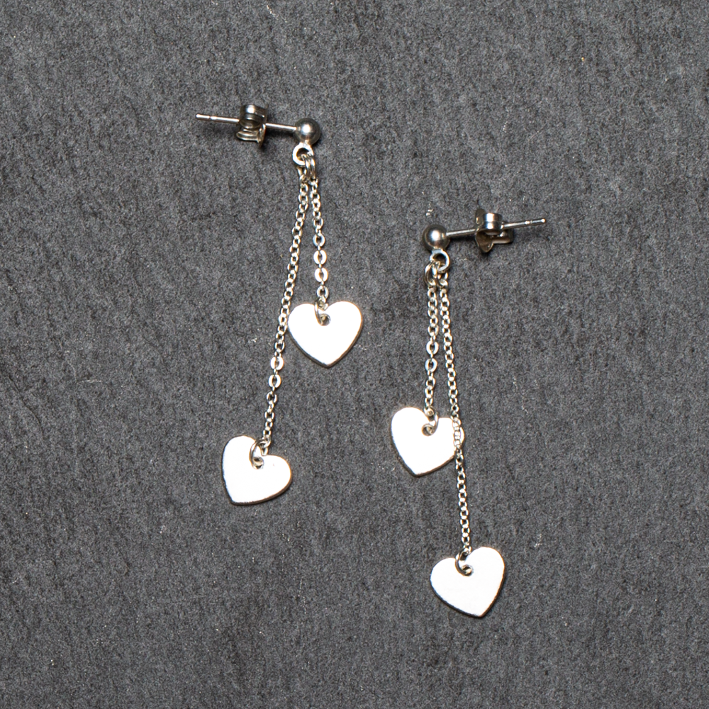Double Drop Heart Chain Earrings in Silver Plate - SP406H - Shopthatapp.ca