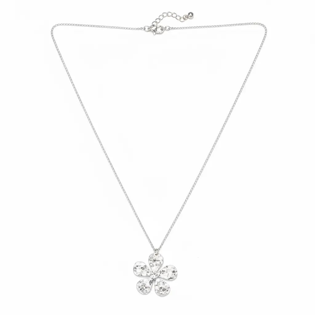Silver hammered flower pendant necklace by Suzie Blue Canada on a chain, featuring a silver plate floral design.