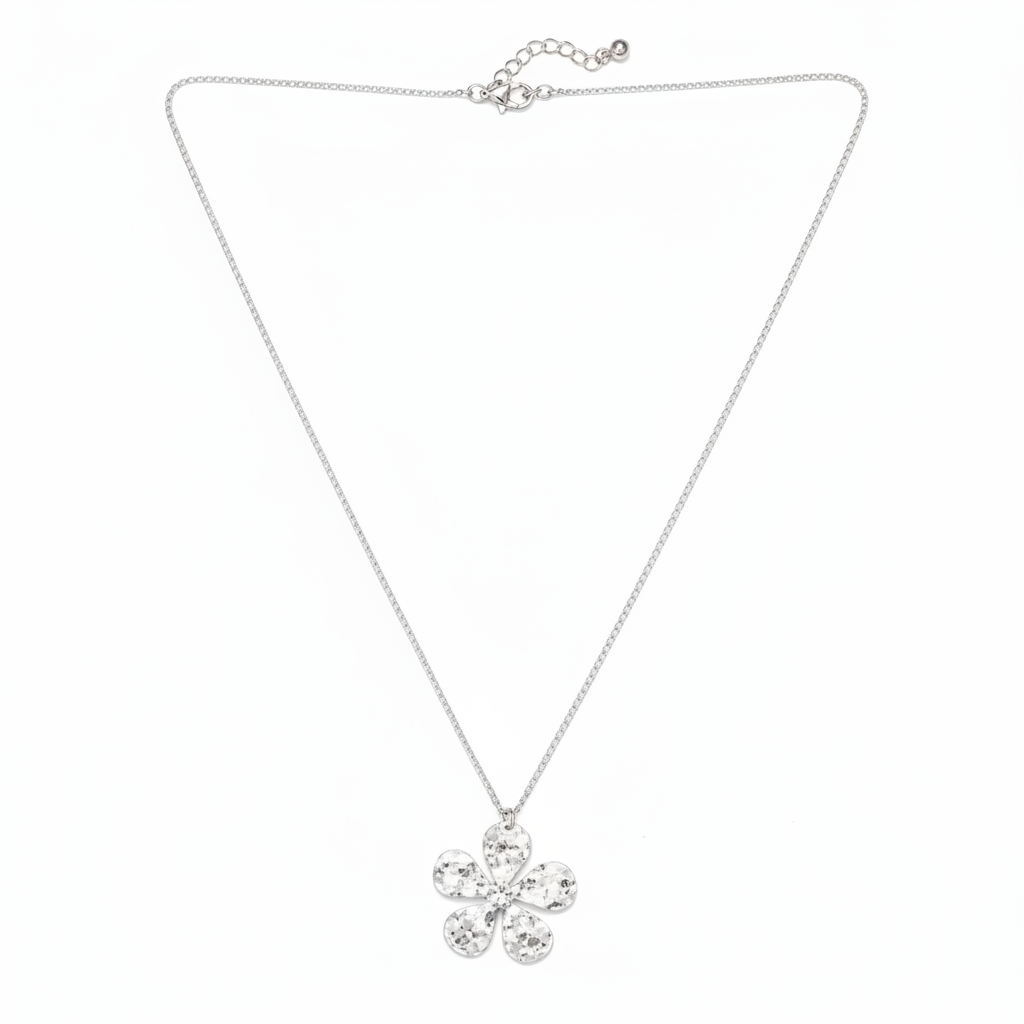 Hammered Flower Pendant Silver on Chain - Silver Plate (SP105) - Shopthatapp.ca