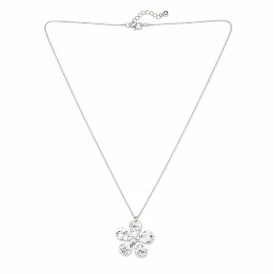 Silver hammered flower pendant necklace by Suzie Blue Canada on a chain, featuring a silver plate floral design.