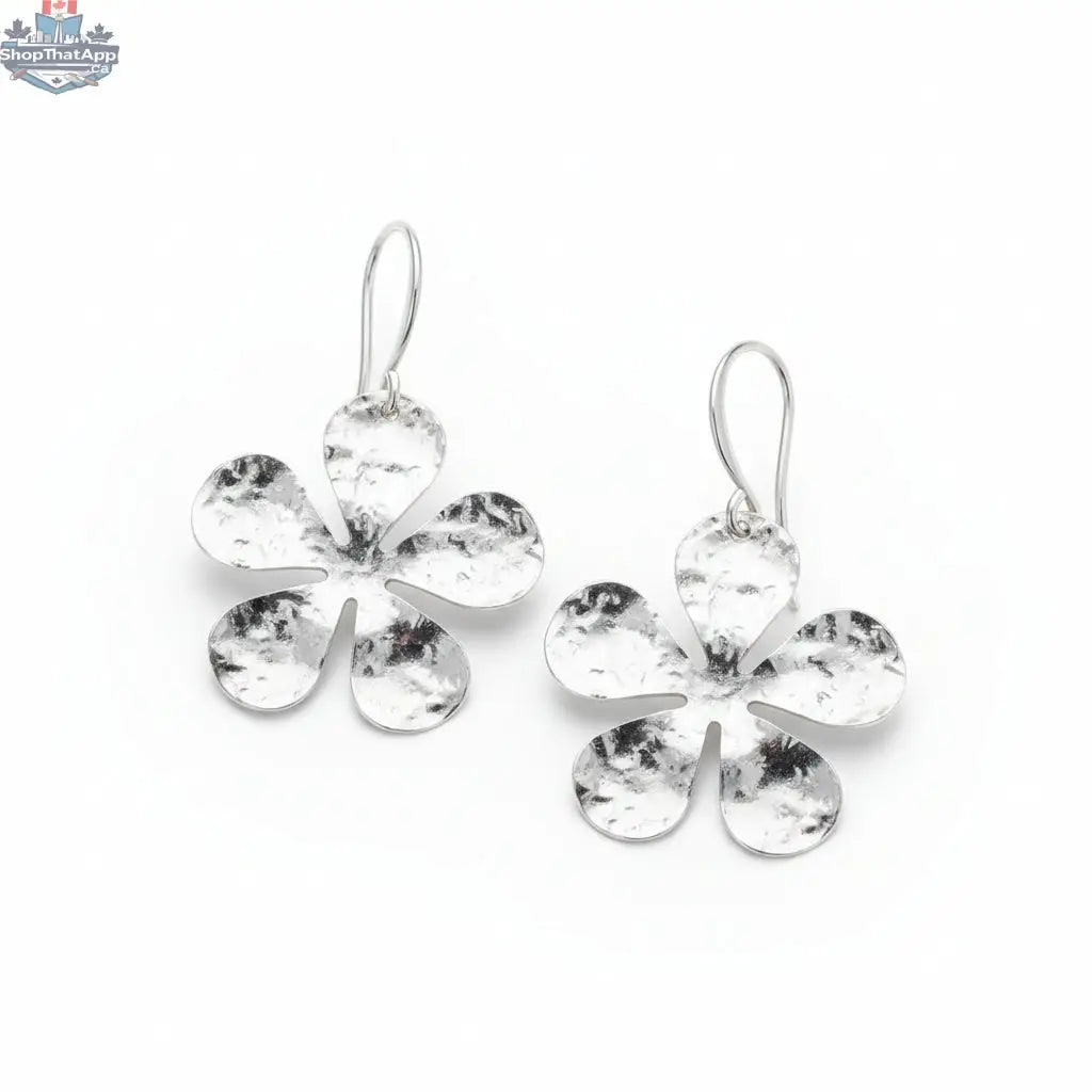 Hammered silver flower earrings by Suzie Blue Canada with an elegant silver plate design, showcasing intricate floral details.
