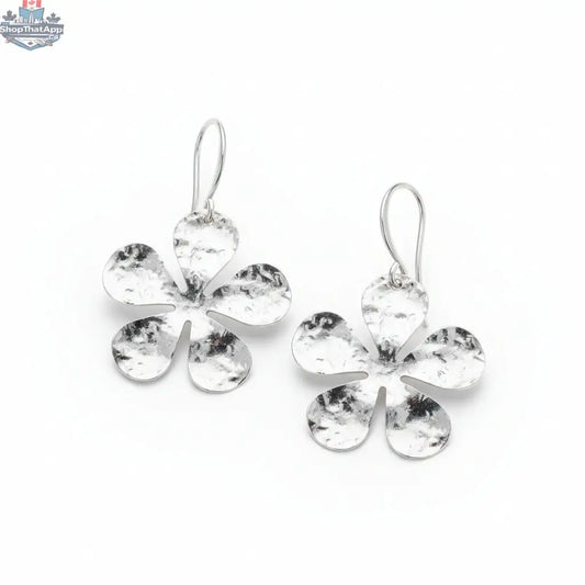 Hammered silver flower earrings by Suzie Blue Canada with an elegant silver plate design, showcasing intricate floral details.