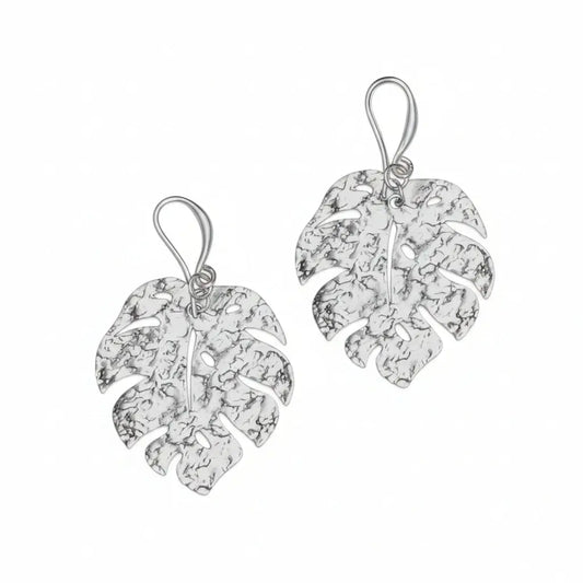 Hammered silver leaf earrings by Suzie Blue Canada featuring silver plating and elegant leaf-shaped design.