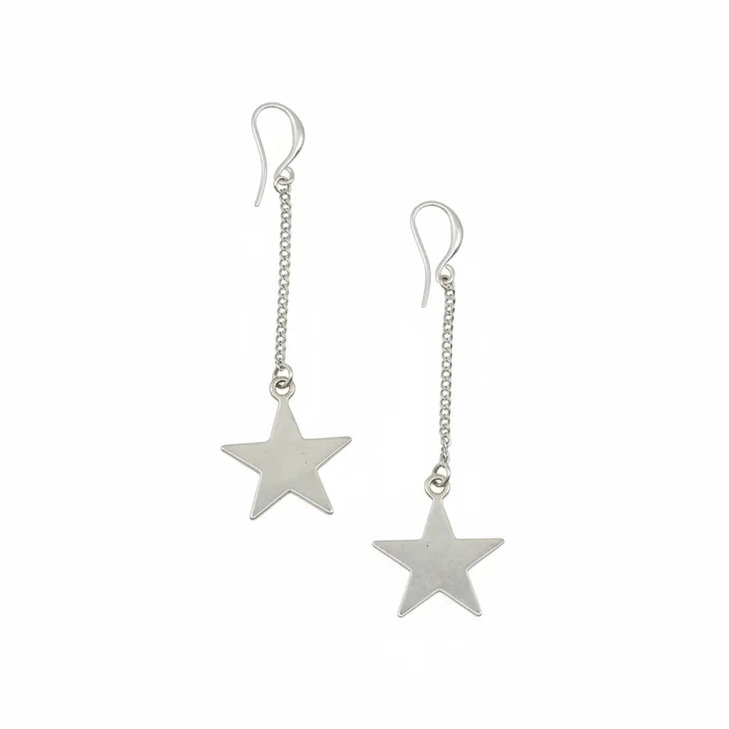 Silver plated drop chain star earrings by Suzie Blue Canada, featuring a delicate chain and star charm design.