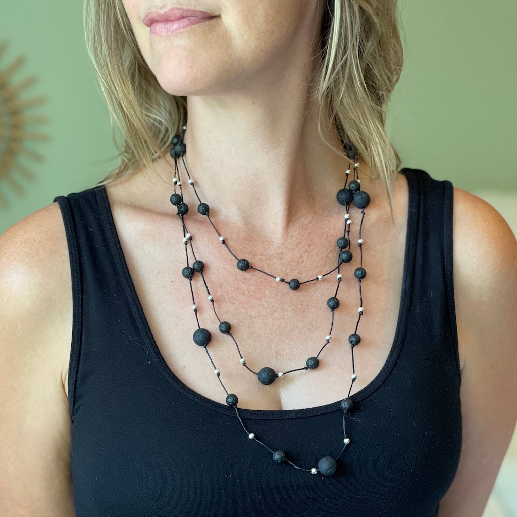 Triple Strand Lava Stone Necklace in Silver Plate - Shopthatapp.ca
