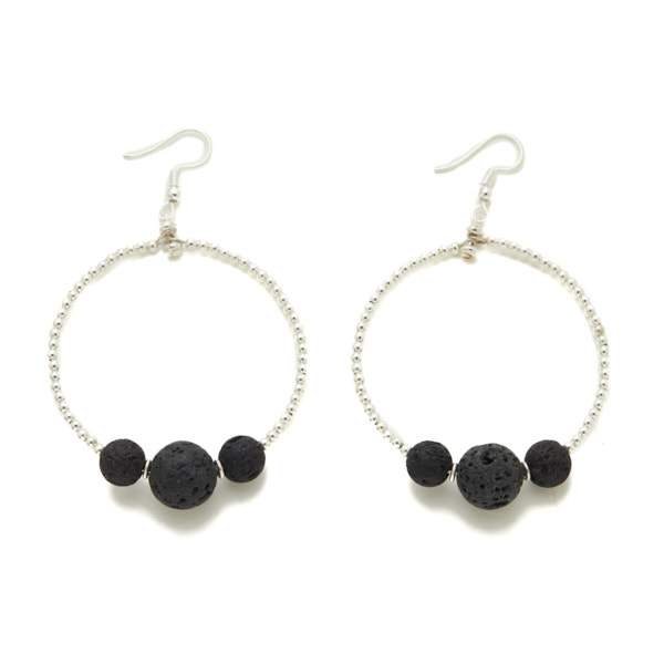Lava Stone Hoop Earrings with Silver Plate Triple Ball Design - Shopthatapp.ca