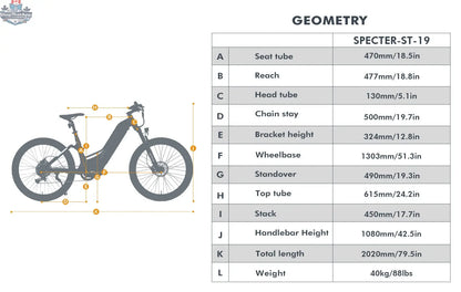 Electric bicycle E-Vélo EUNORAU SPECTER-ST 2.0 with sleek frame and battery, ready for a ride.