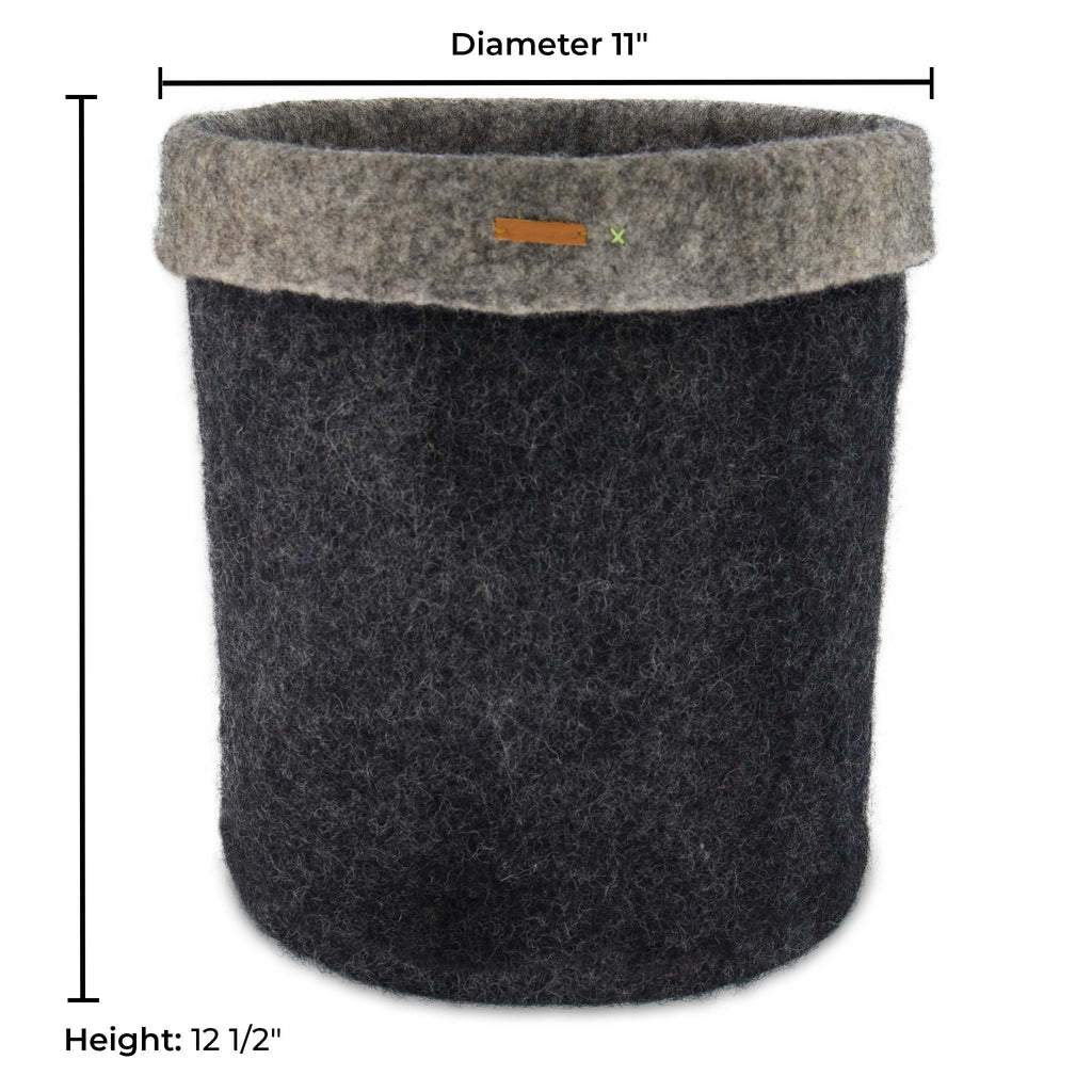 Black Felt Storage Basket - Hand-Felted New Zealand Wool, Two-Tone Black/Grey