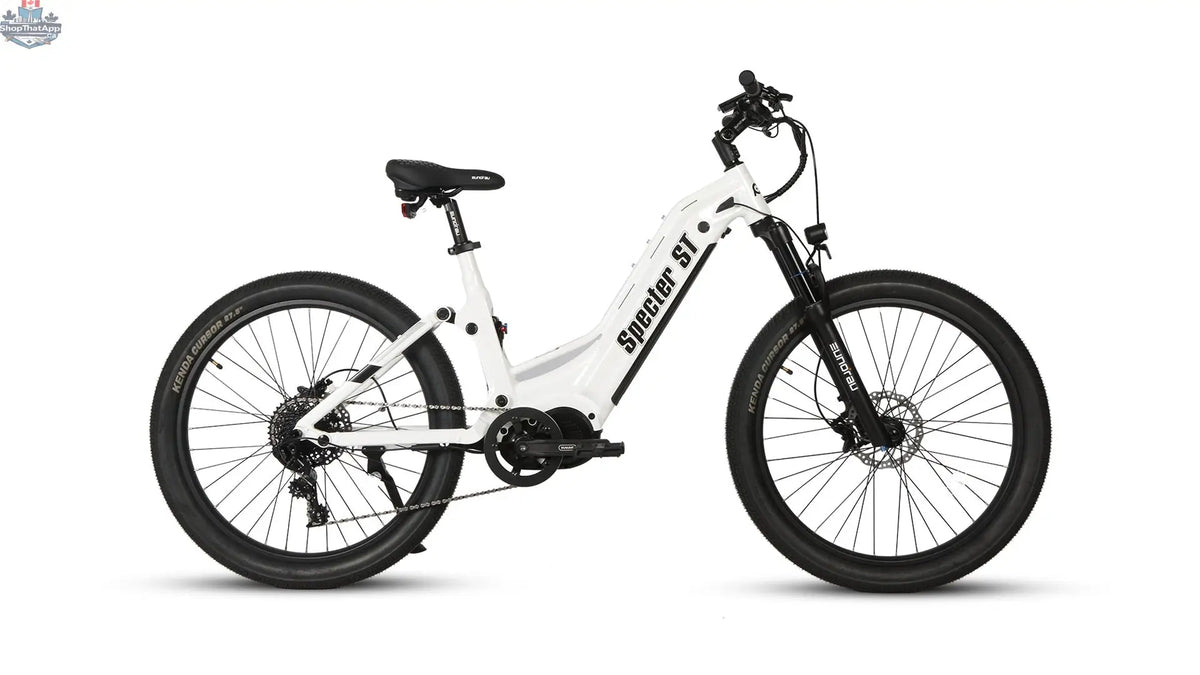 White E-Vélo EUNORAU SPECTER-ST 2.0 electric bicycle parked outdoors, showcasing its sleek frame and modern design.