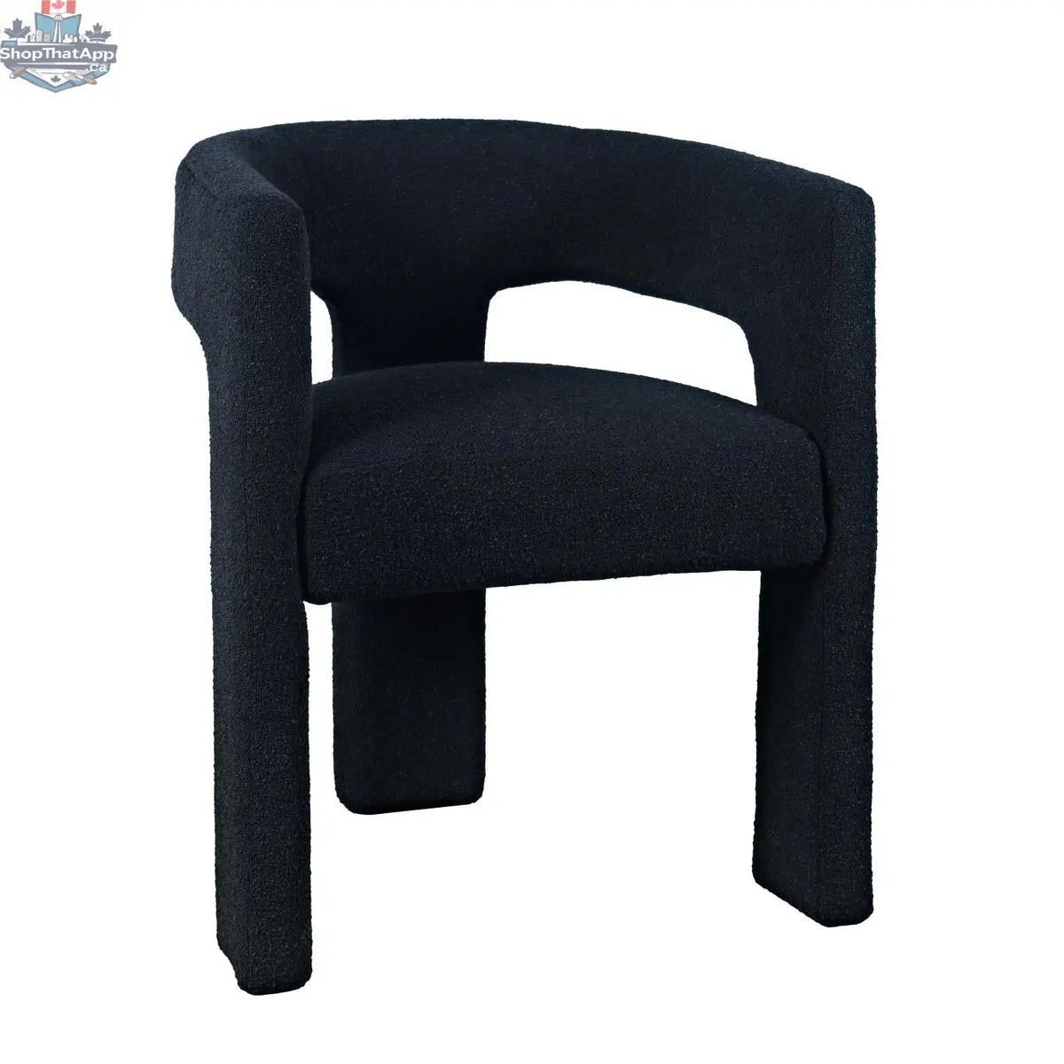 Sven upholstered dining chair in bouclé fabric with black finish, showcasing modern design and plush textured upholstery.