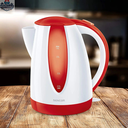 SENCOR cordless kettle 1.8L in red with a modern design, featuring a clear water level window and ergonomic handle.