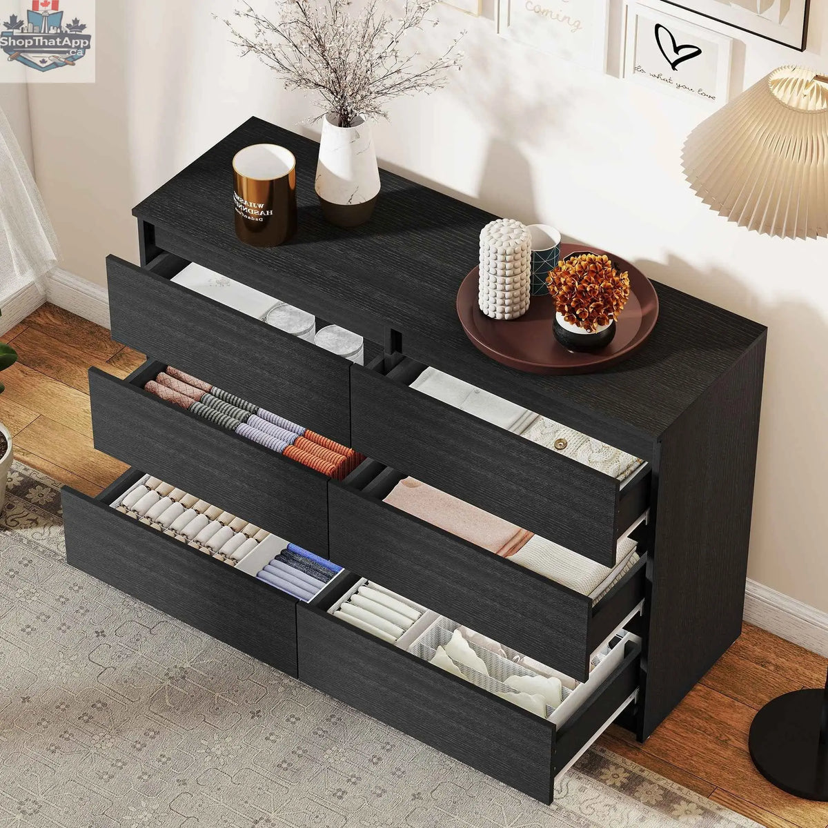 SLOTH Nation River Black 6 Drawer Bedroom Dresser with sleek design, suitable for bedroom, living room, or hallway storage.