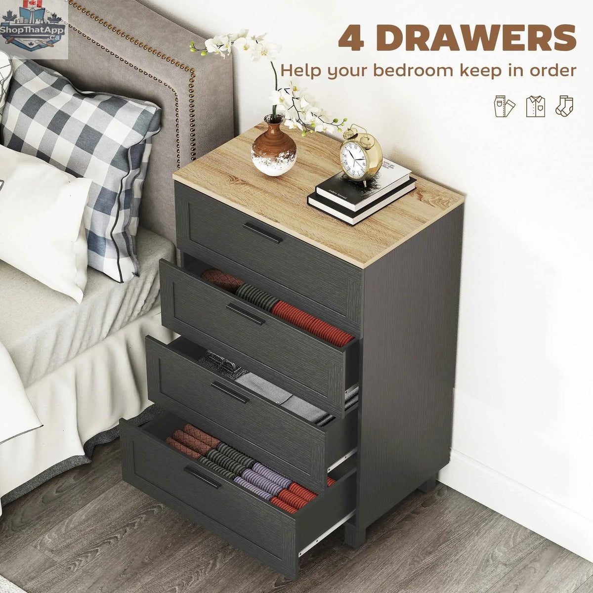 Black Taylor bedroom chest of drawers with solid wood legs, featuring multiple drawers for stylish storage by SLOTH Nation.