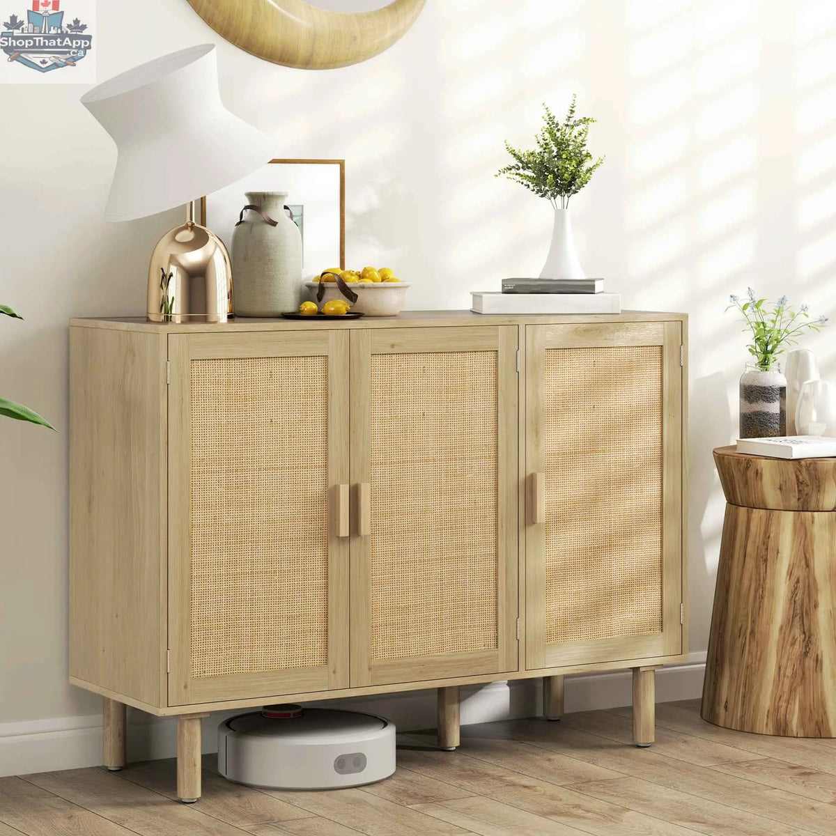 SLOTH Nation Quinn Bohemian hallway cabinet with 46.9-inch oak sideboard and three rattan doors, modern storage furniture