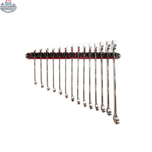 Olsa Tools Canada wall mount wrench organizer with rotating clips showing organized wrenches on a garage wall