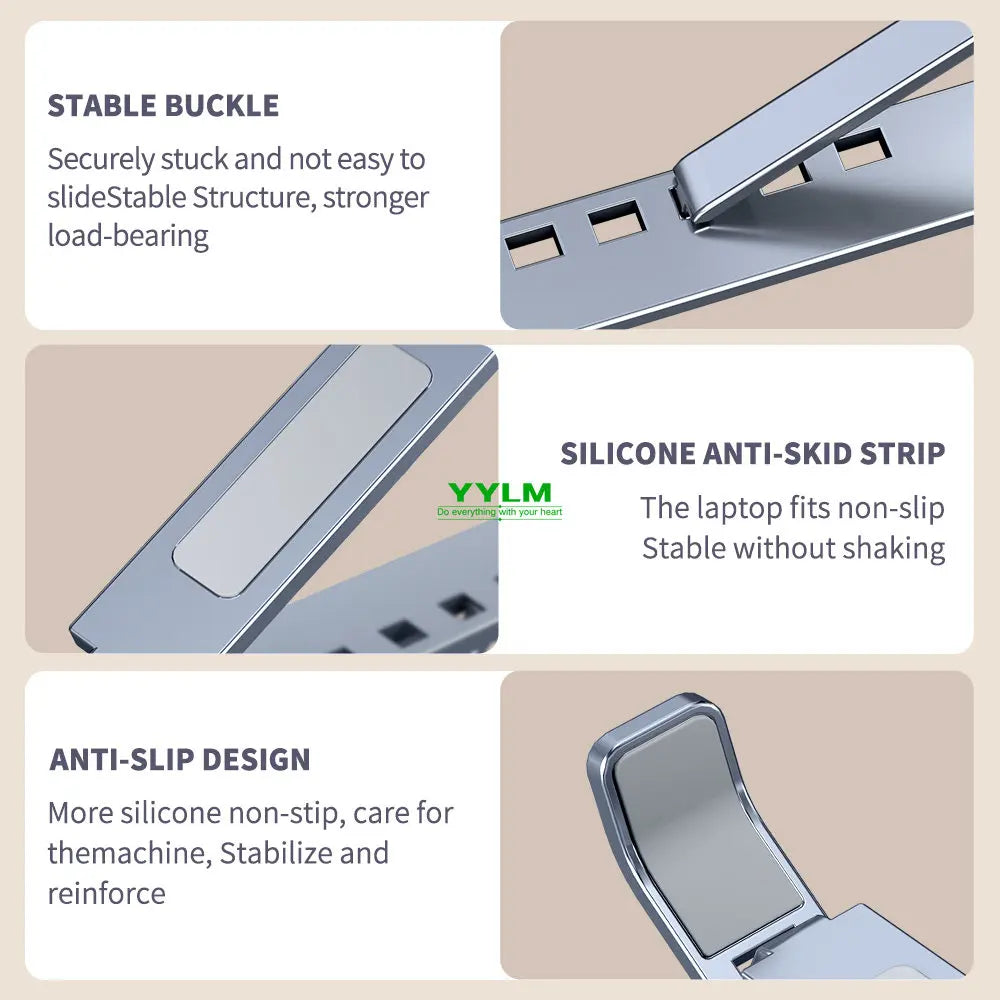 YYLM Aluminum Laptop Stand — Portable Foldable Cooling Riser for MacBook & Notebooks