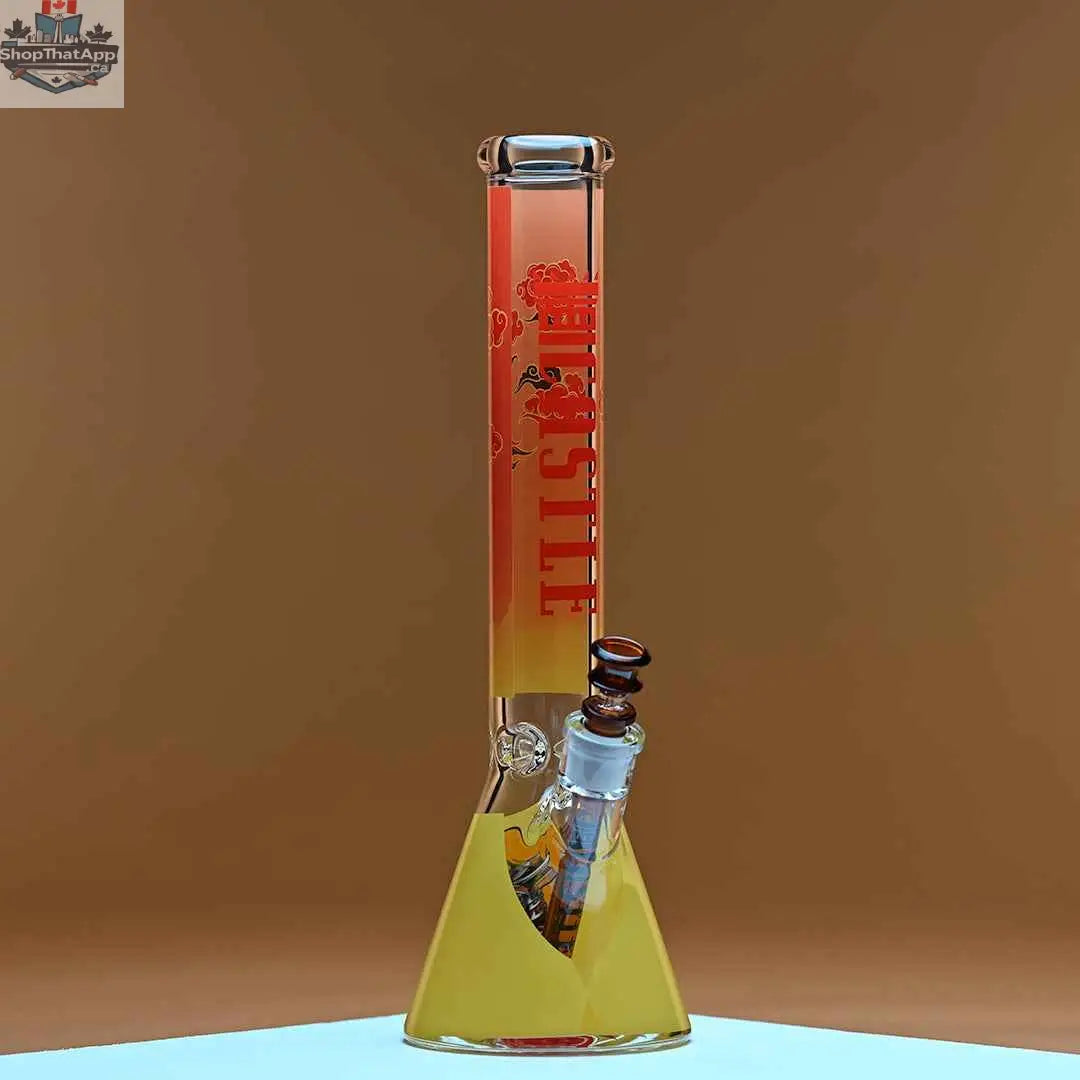 Castle Glassworks 16-inch Samurai beaker bong with 9mm thick glass, shown against an amber background, designed for smooth hits.