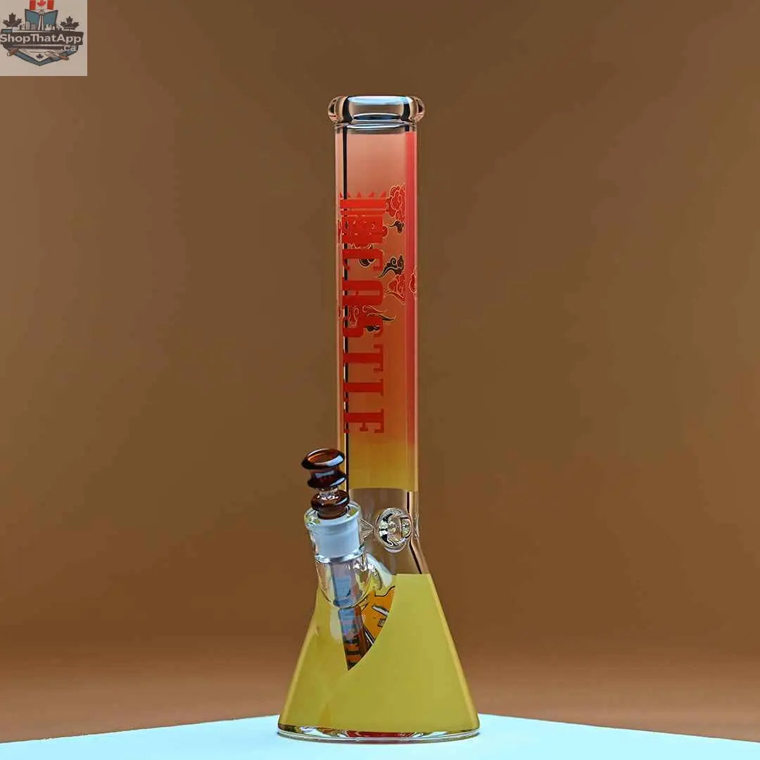 Castle Glassworks 16-inch Samurai Beaker Bong with 9mm thick glass on amber background, showcasing its beaker shape and sturdy design.