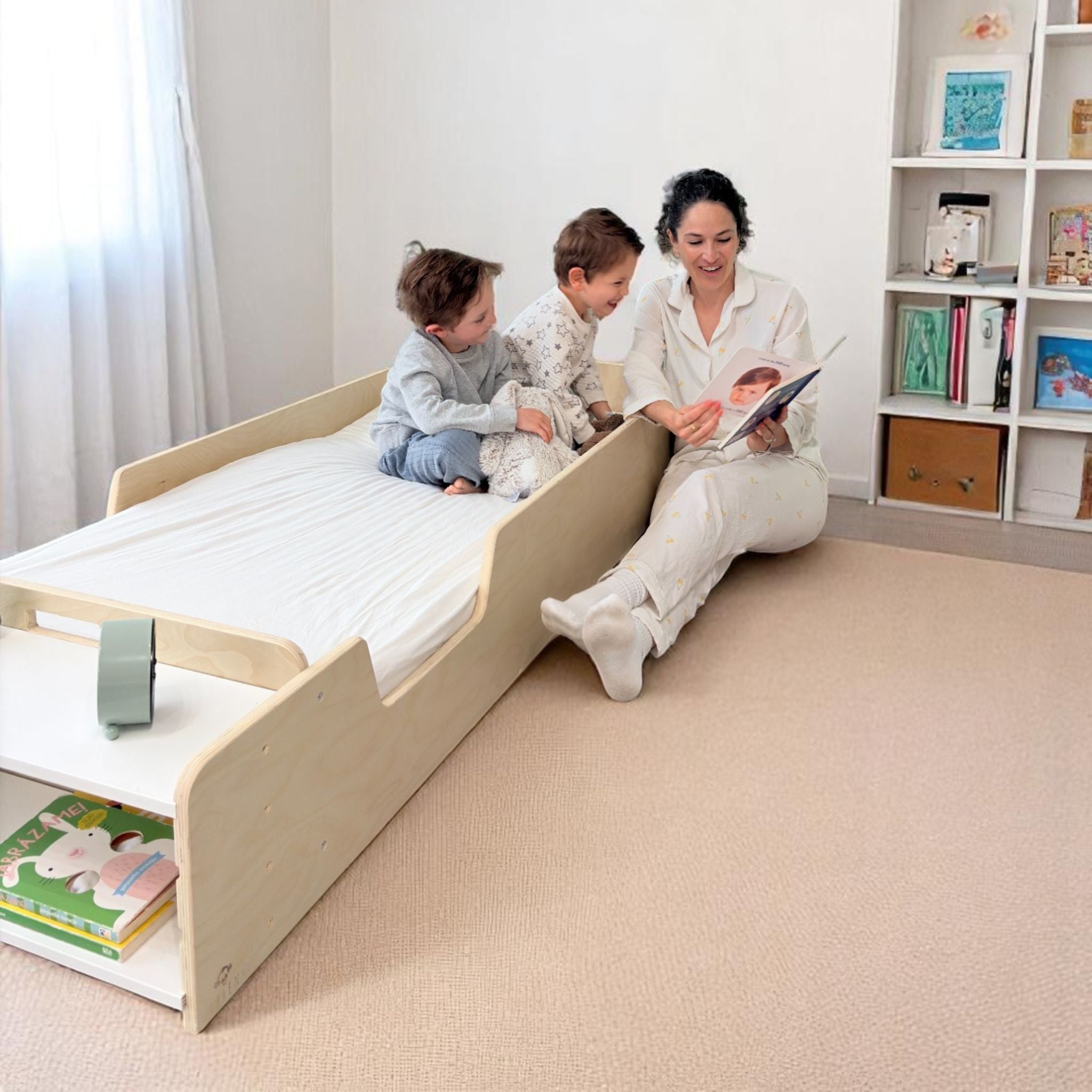 APPLE JUNIOR - Montessori Floor Bed with Rails & Shelves - Shopthatapp.ca