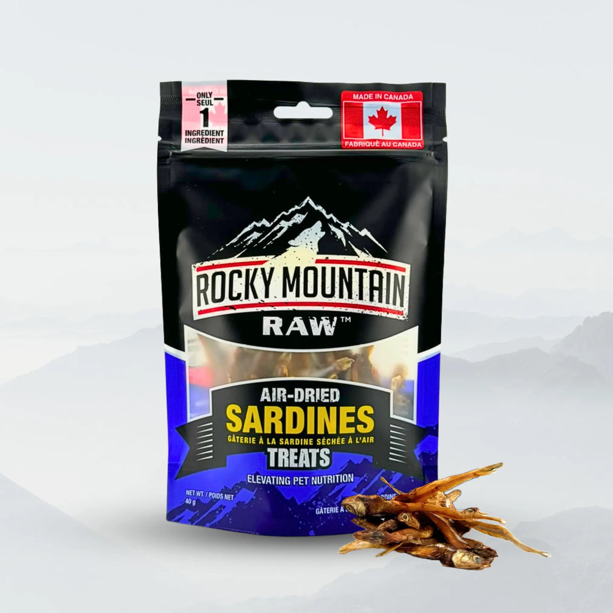 Air dried sardines treats by ROCKY MOUNTAIN RAW, showing a close-up of crispy, whole sardines ideal for pet snacks.