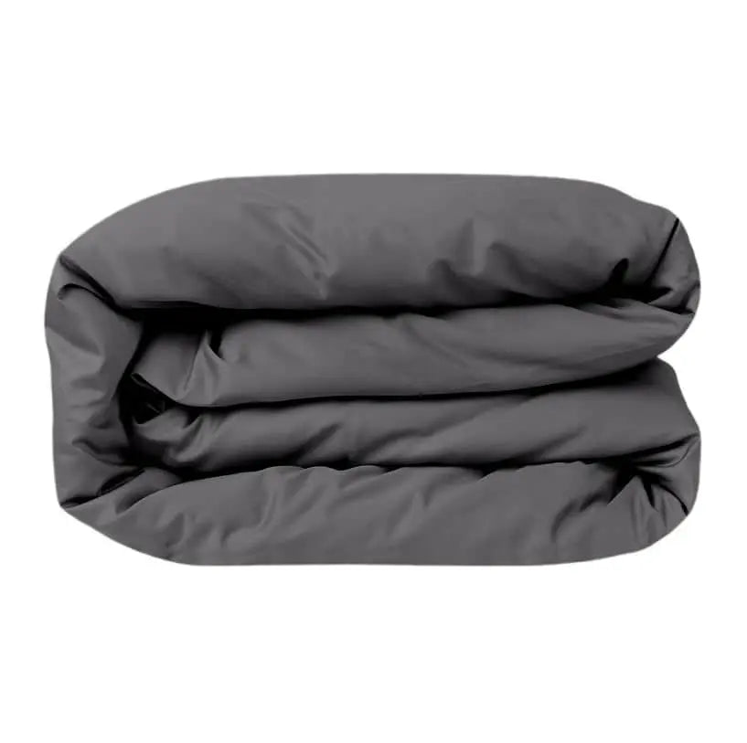 Slate-colored Skylark+Owl Canada sateen duvet cover featuring a smooth, elegant fabric for a sophisticated bedroom look.
