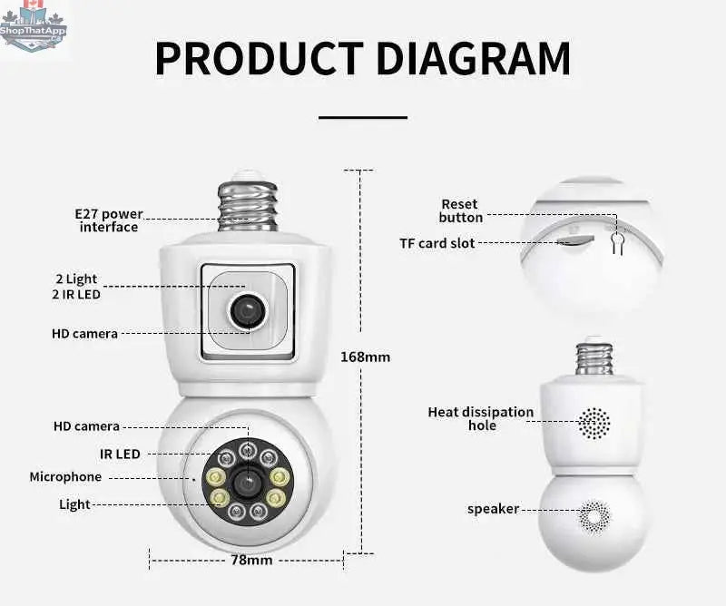 777tech 8MP WiFi Camera Bulb with 4K dual lens, auto tracking, two-way audio, night vision, CCTV security system.