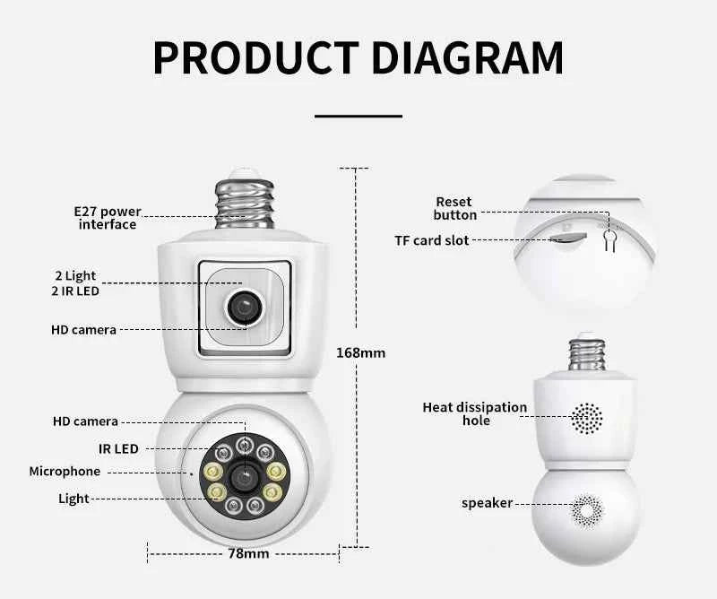 8MP E27 Bulb WiFi Camera 4K Dual Lens Dual Screen Cam Auto Tracking Two Way Audio Night Vision CCTV Security Protection ICSEE