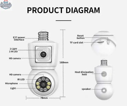 777tech 8MP WiFi Camera Bulb with 4K dual lens, auto tracking, two-way audio, night vision, CCTV security system.