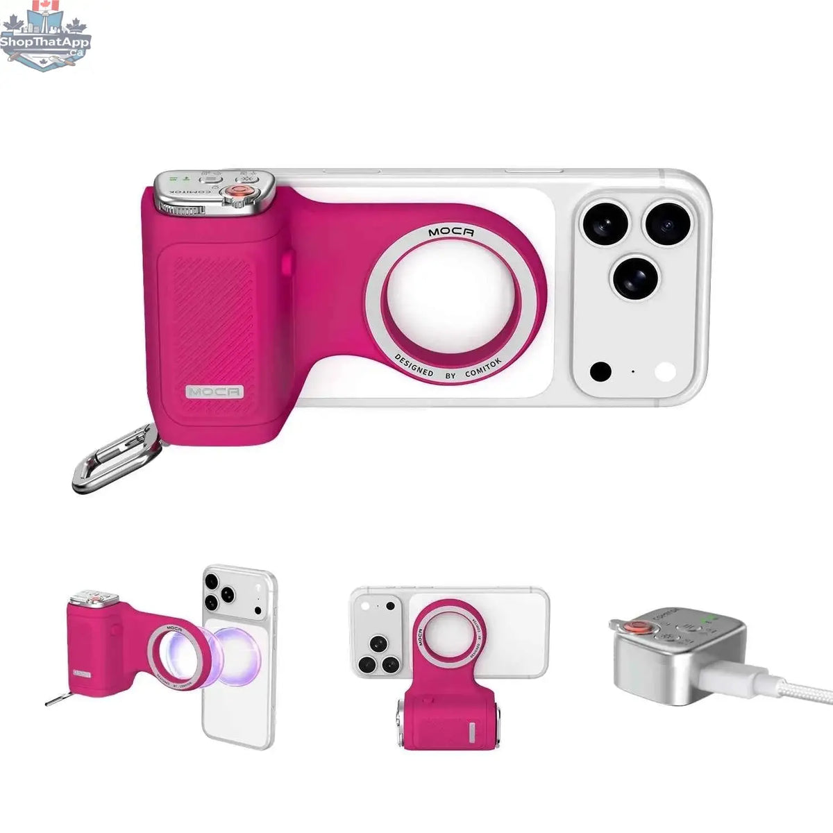 COMITOK MOCA iPhone shooting grip with Bluetooth remote, DSLR shutter, focus lock, optional fill light, and mirror for mobile photography