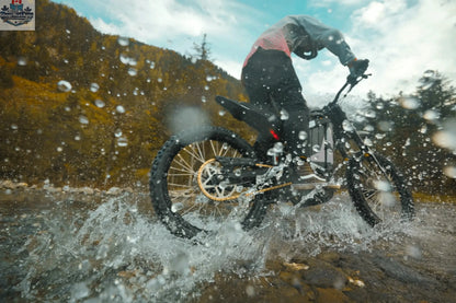 E-Vélo EUNORAU Quebec EKIDS16 1.0 R1 e-dirt bike for kids, showing the bike outdoors with a child riding it on a trail.