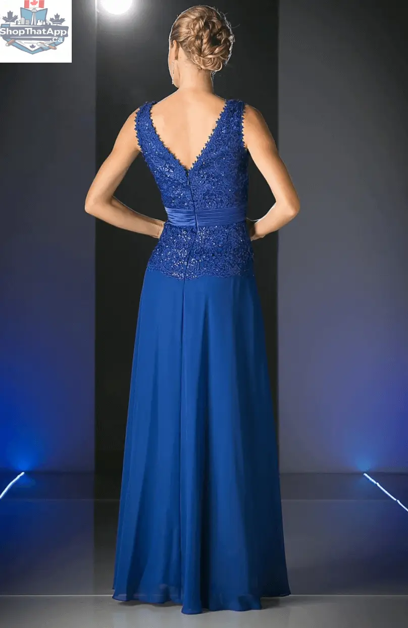 Elegant Threads chiffon lace evening dress with delicate lace detailing and flowing fabric, perfect for formal occasions.