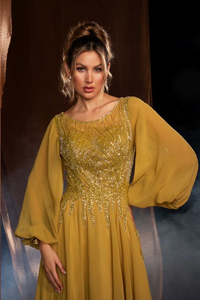 Long balloon sleeves beaded gown - Www.Shopthatapp.ca
