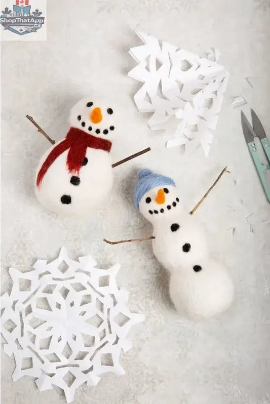 Hawthorn Snowmen Needle Felting Kit by Art Noise showing colorful wool felting tools and materials for handmade snowman crafts