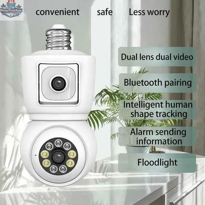 777tech 8MP WiFi Camera Bulb with 4K dual lens, auto tracking, night vision, two-way audio, CCTV security, and sleek design.
