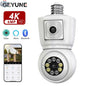 777tech 8MP WiFi camera bulb with 4K dual lens, auto tracking, two-way audio, night vision, CCTV security in a smart light bulb design.