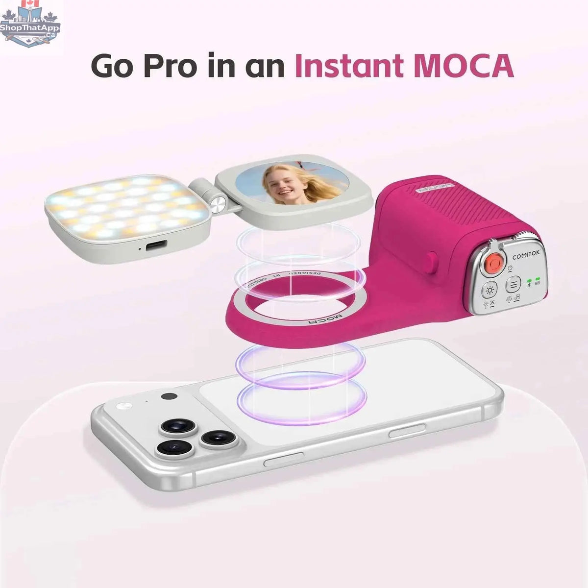 COMITOK MOCA iPhone shooting grip with detachable Bluetooth remote, fill light, mirror, and DSLR shutter and focus lock by 777tech