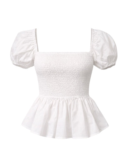 Sera Cotton Poplin Puff Sleeve Blouse Top in White - Elegant Peplum Design - Shopthatapp.ca