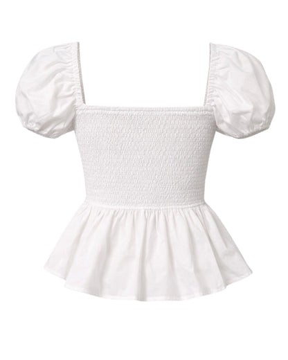 Sera Cotton Poplin Puff Sleeve Blouse Top in White - Elegant Peplum Design - Shopthatapp.ca