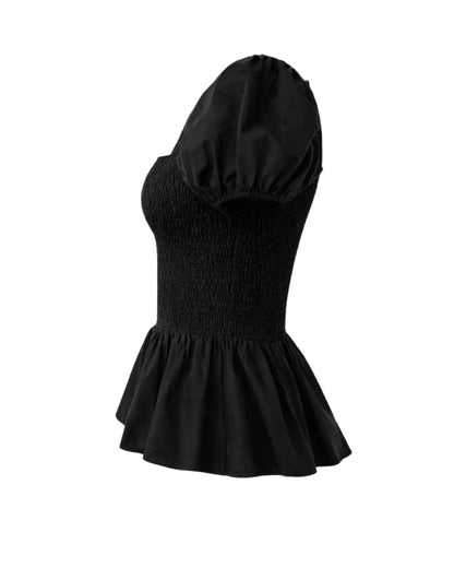 Sera Cotton Poplin Puff Sleeve Blouse - Black Peplum Top - Shopthatapp.ca
