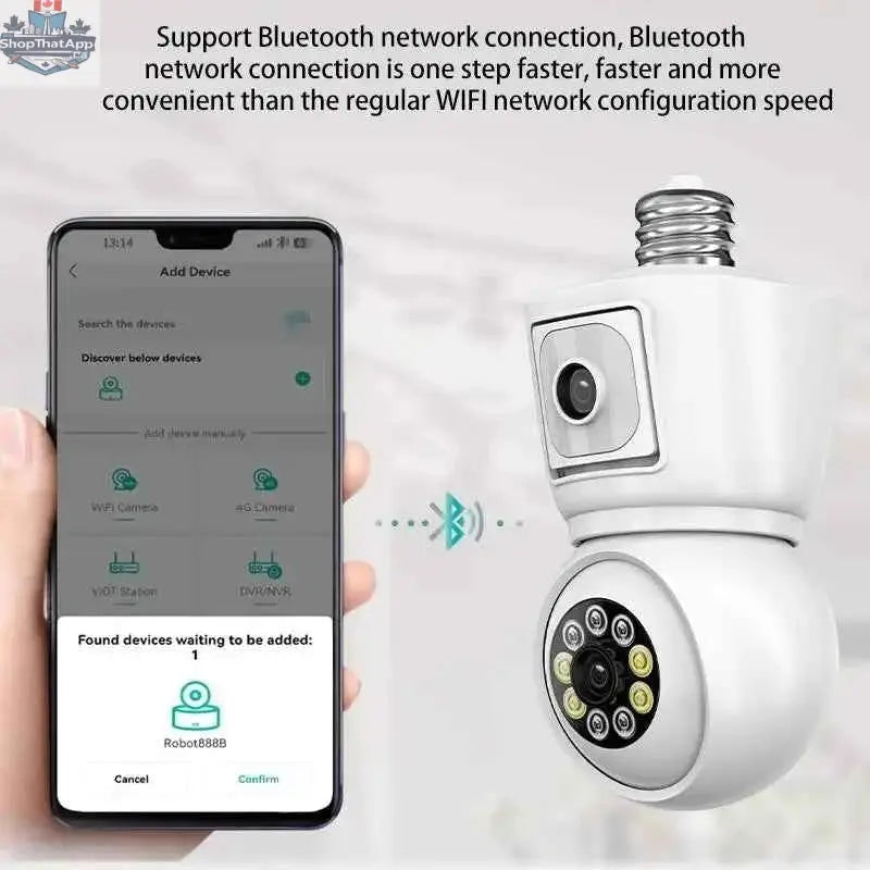 777tech 8MP WiFi security camera bulb with dual 4K lenses, auto tracking, two-way audio, and night vision for home security.