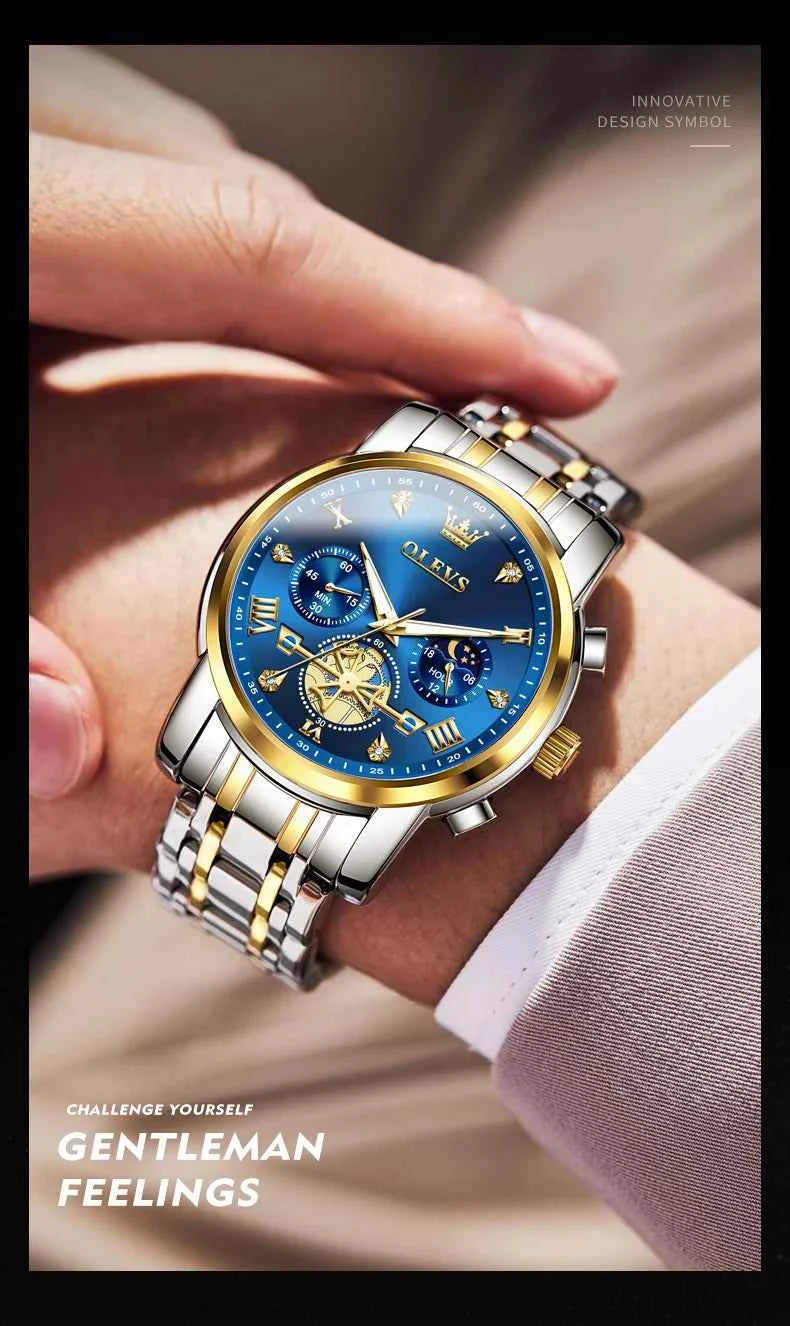 OLEVS Men's Watches Classic Multifunctional Fltwheel Chronograph Original Quartz Wristwatch Moon Phase 24 Hour Waterproof reloj