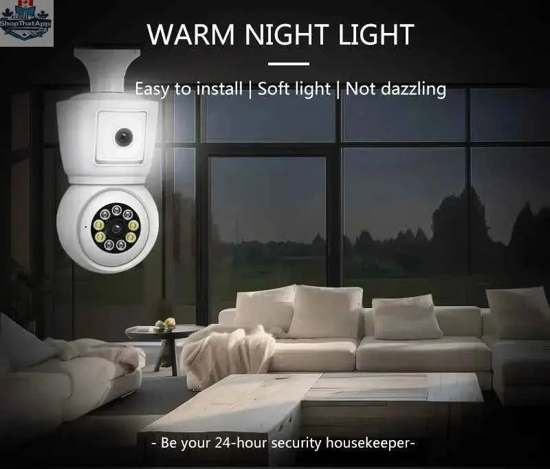 777tech 8MP WiFi camera bulb with 4K dual lens, auto tracking, two-way audio, night vision, and CCTV security features