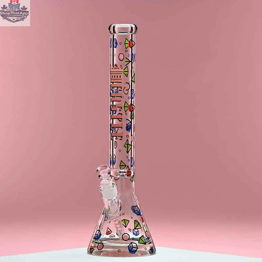 Castle Glassworks 18-inch traditional beaker bong with pink background, showcasing its clear glass design and sturdy base.