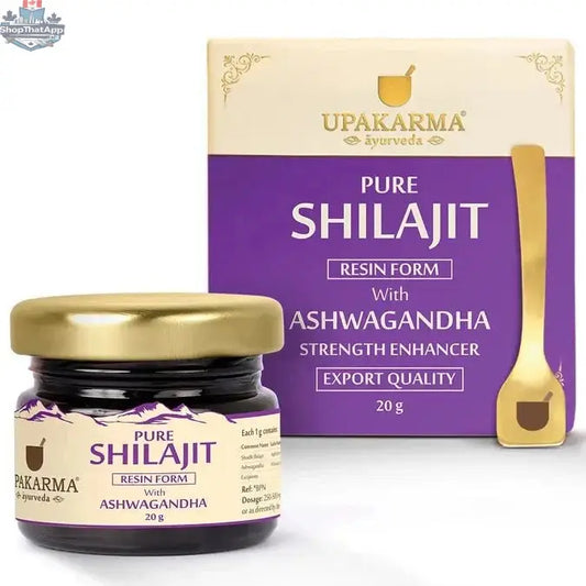 Prithvi Mart UPAKARMA Shilajit Resin with Ashwagandha, 20g jar, showing the resin and herbal supplement for strength and muscle building