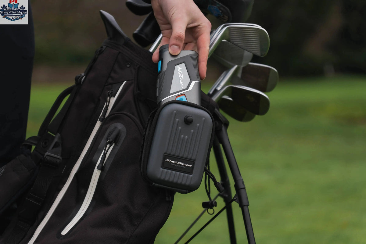 Golf rangefinder by The Golfather Ltd. with black and orange design, displaying a digital screen and measurement markings.