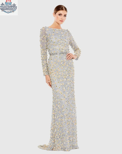 Silver embellished high neck evening gown with long sleeves by Elegant Threads, featuring intricate details and a sophisticated design.