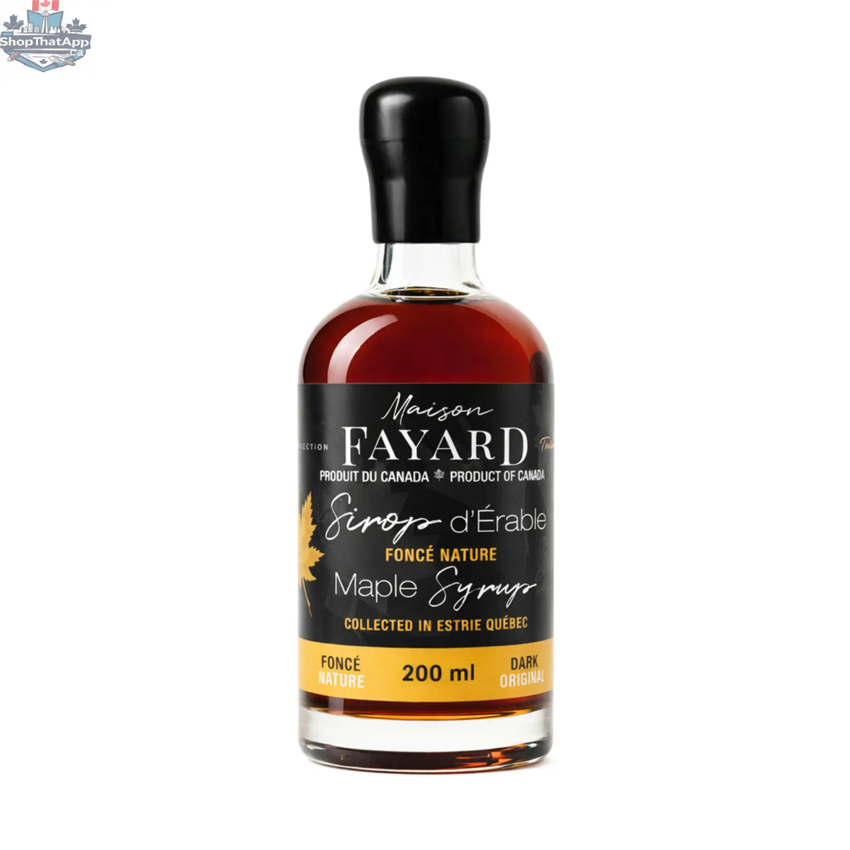 Dark pure maple syrup by Maison Fayard in a 200ml non-refrigerated bottle, ideal for authentic flavor and versatile use.