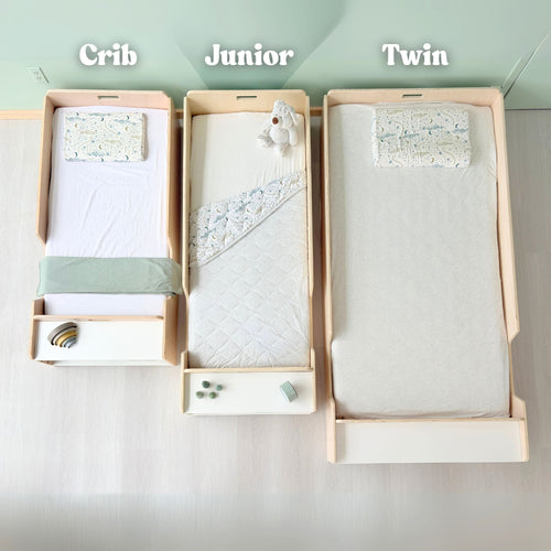APPLE JUNIOR - Montessori Floor Bed with Rails & Shelves - Shopthatapp.ca