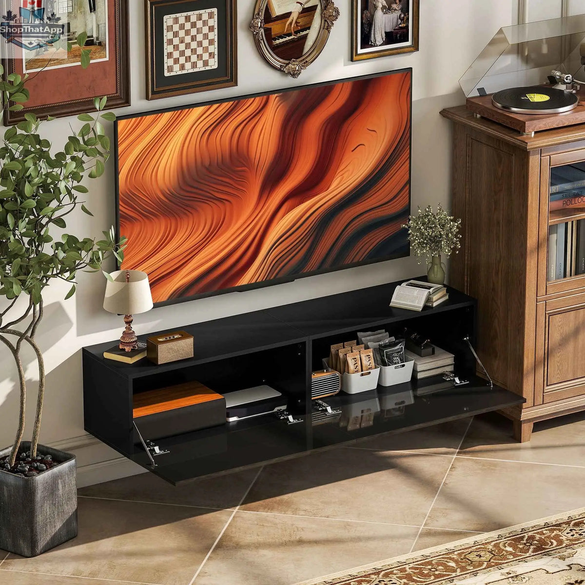 Black Hunter floating TV stand with storage cupboards for 65-inch TVs, featuring modern design and sleek finish by SLOTH Nation.